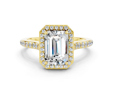 Yellow gold Emerald Cut Halo Round Diamond Pavé Band with Four-Prong Setting