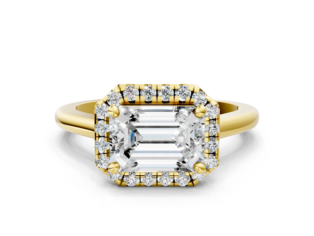 Yellow gold Emerald Cut Halo Round Diamond Solitaire Engagement Ring with Pave Band and Four-Prong Setting_15