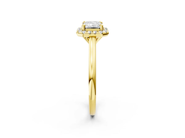 Yellow gold Emerald Cut Halo Round Diamond Solitaire Engagement Ring with Pave Band and Four-Prong Setting