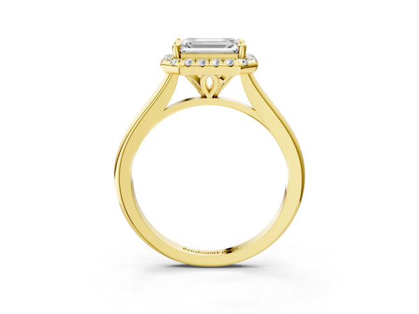 Yellow gold Emerald Cut Halo Round Diamond Solitaire Engagement Ring with Pave Band and Four-Prong Setting