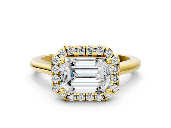Yellow gold Emerald Cut Halo Round Diamond Solitaire Engagement Ring with Pave Band and Four-Prong Setting