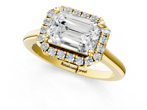 Yellow gold Emerald Cut Halo Round Diamond Solitaire Engagement Ring with Pave Band and Four-Prong Setting
