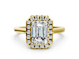 Yellow gold Emerald Cut Halo Round Diamond Solitaire Ring with Pavé Band and Four-Prong Setting