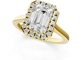 Yellow gold Emerald Cut Halo Round Diamond Solitaire Ring with Pavé Band and Four-Prong Setting_1