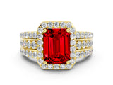 Yellow gold Emerald Cut Halo Ruby Ring with Split Shank and Four-Prong Setting