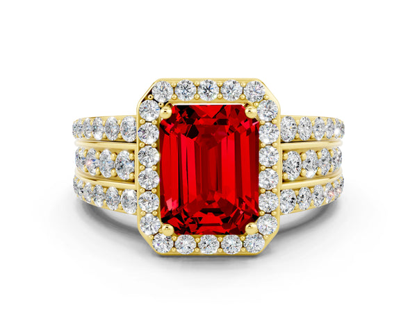 Yellow gold Emerald Cut Halo Ruby Ring with Round  Split Shank and Prong Setting