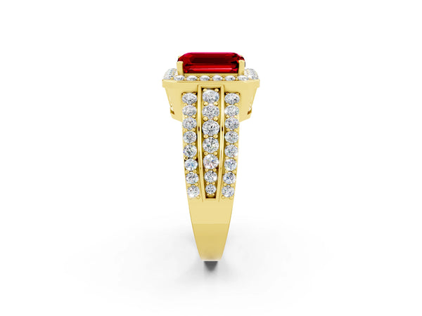 Yellow gold Emerald Cut Halo Ruby Ring with Round  Split Shank and Prong Setting