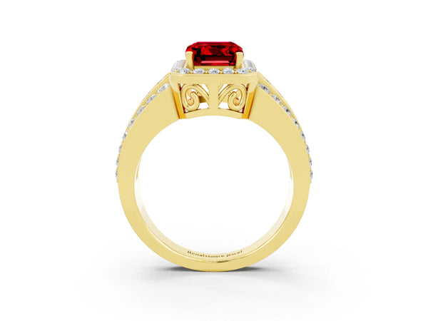 Yellow gold Emerald Cut Halo Ruby Ring with Round  Split Shank and Prong Setting
