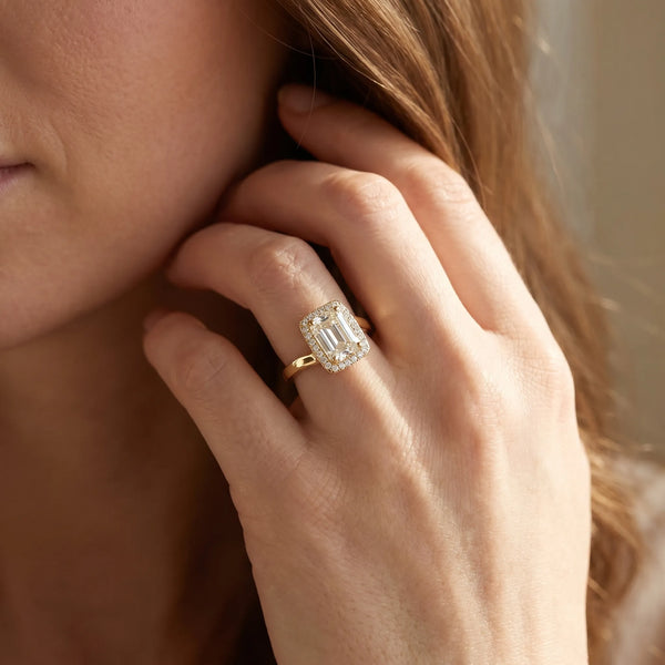 Yellow gold Emerald Cut Halo Solitaire Ring with Channel Band and Four-Prong Setting