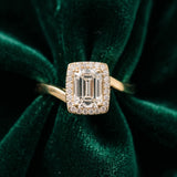 Yellow gold Emerald Cut Halo Solitaire Ring with Channel Band and Four-Prong Setting_24