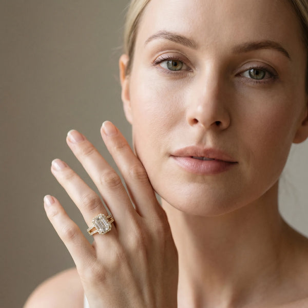 Yellow gold Emerald Cut Halo Split Shank Diamond Ring with Four-Prong Setting