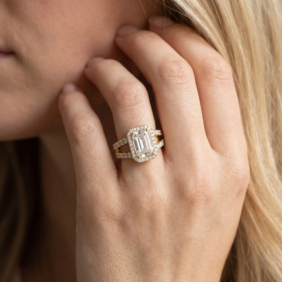 Yellow gold Emerald Cut Halo Split Shank Diamond Ring with Four-Prong Setting