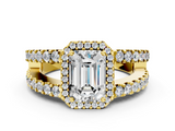 Yellow gold Emerald Cut Halo Split Shank Diamond Ring with Four-Prong Setting_64