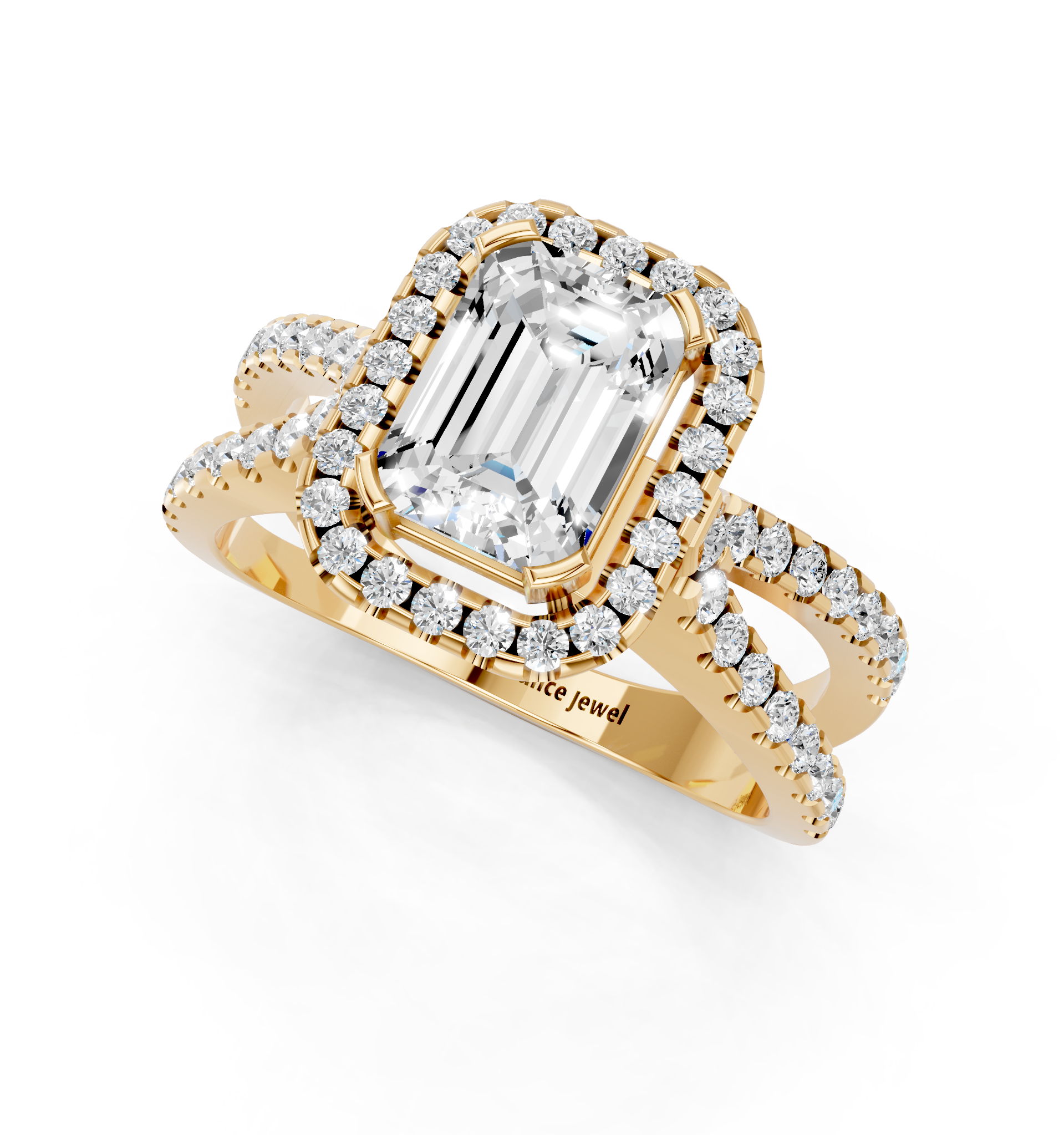 Yellow gold Emerald Cut Halo Split Shank Pave Set Ring_29