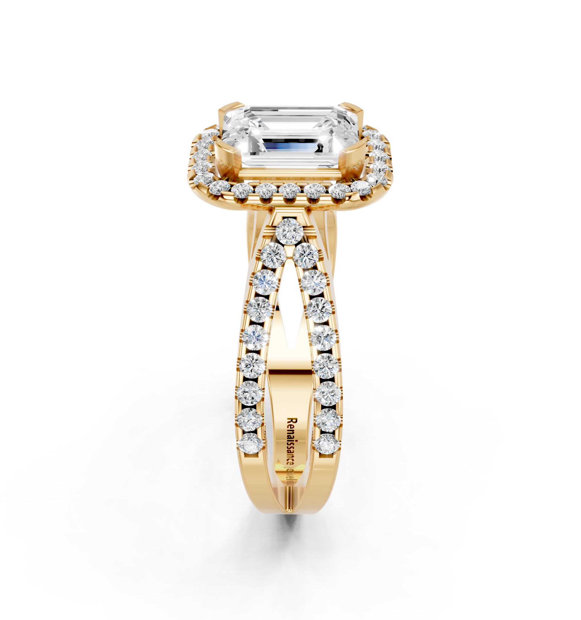 Yellow gold Emerald Cut Halo Split Shank Pave Set Ring_30