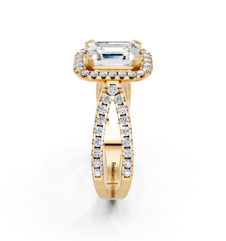 Yellow gold Emerald Cut Halo Split Shank Pave Set Ring_30