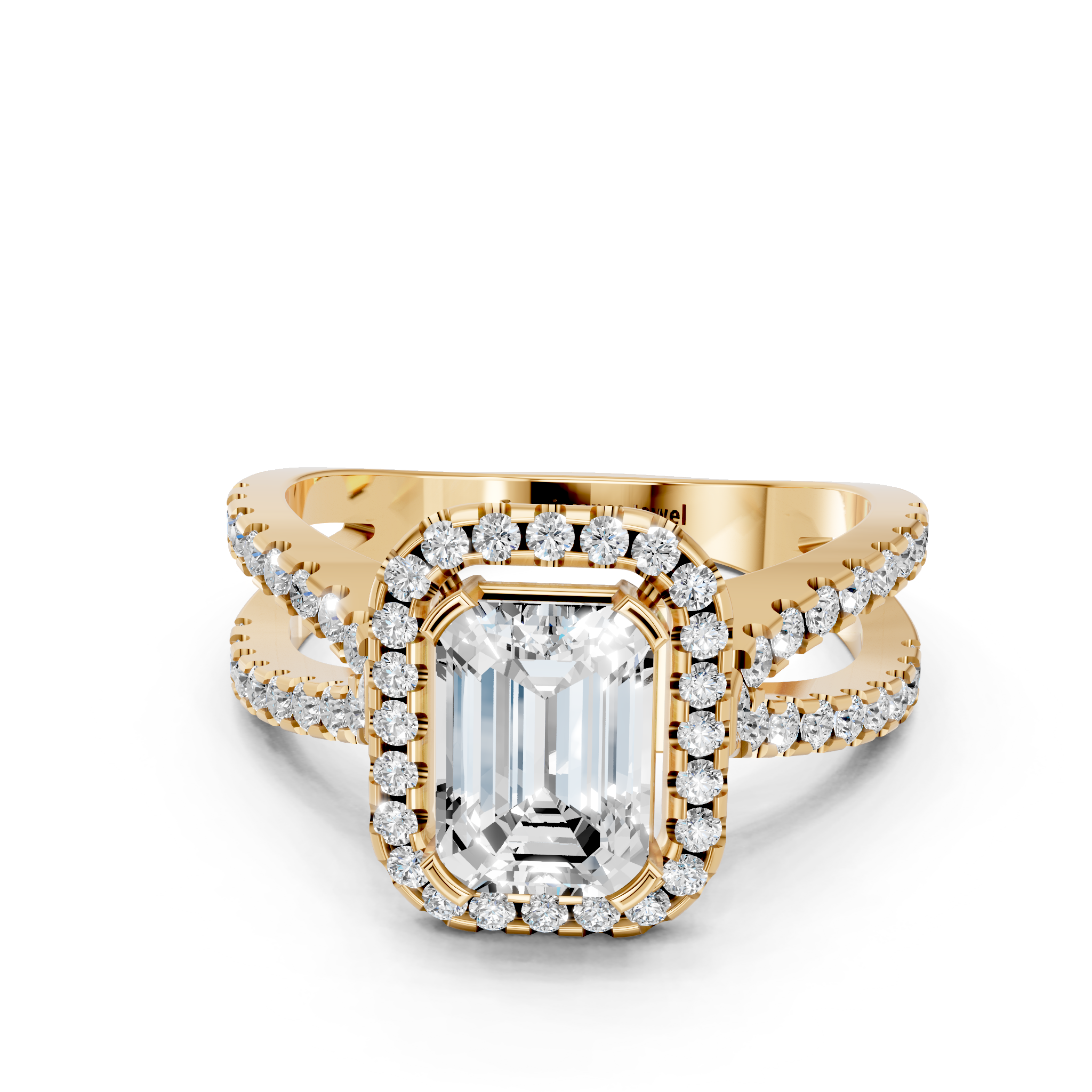 Yellow gold Emerald Cut Halo Split Shank Pave Set Ring_37