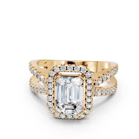 Yellow gold Emerald Cut Halo Split Shank Pave Set Ring_37