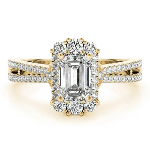 Yellow gold Emerald Cut Halo Split Shank Ring with Prong Setting 1