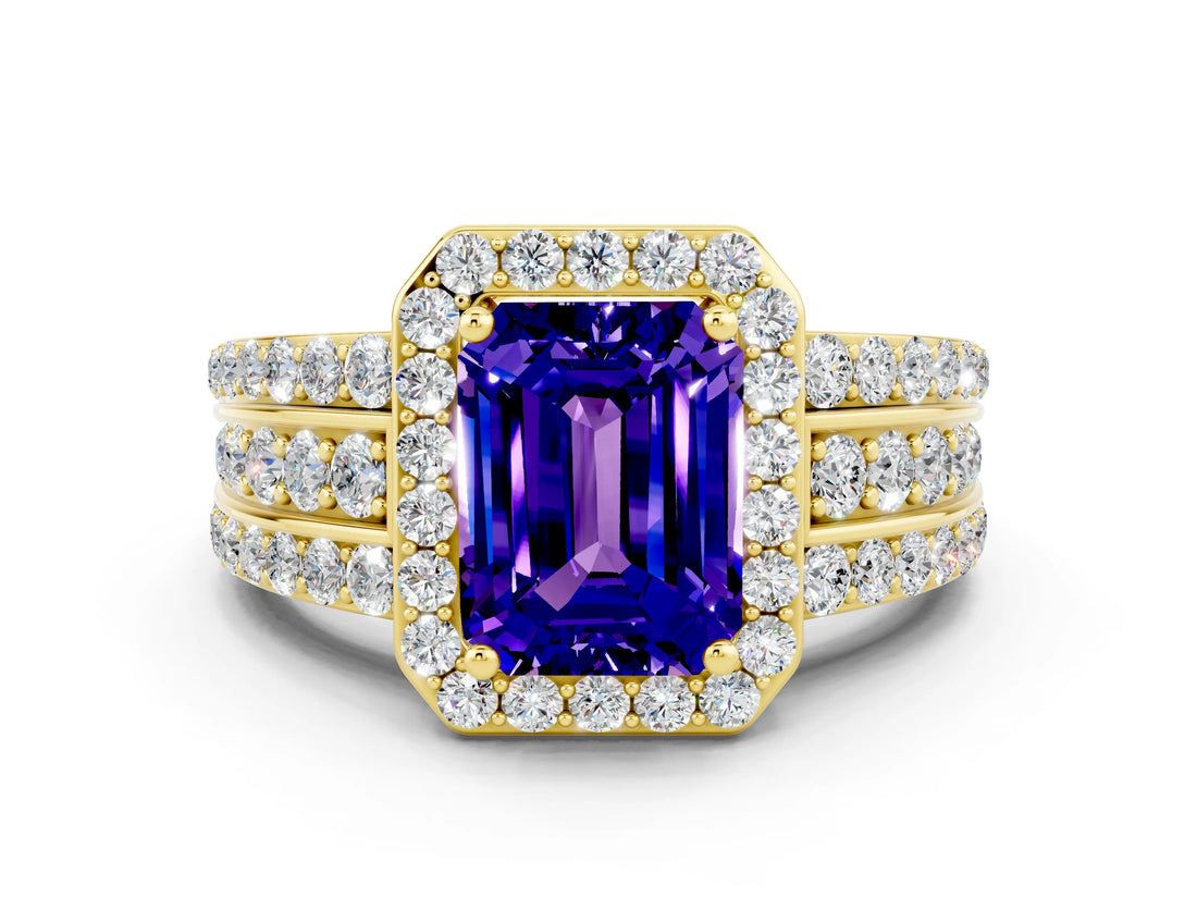 Yellow gold Emerald Cut Halo Tanzanite Ring with Split Shank and Four-Prong Setting