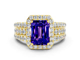 Yellow gold Emerald Cut Halo Tanzanite Ring with Split Shank and Four-Prong Setting