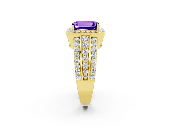 Yellow gold Emerald Cut Halo Tanzanite Ring with Round  Split Shank and Prong Setting