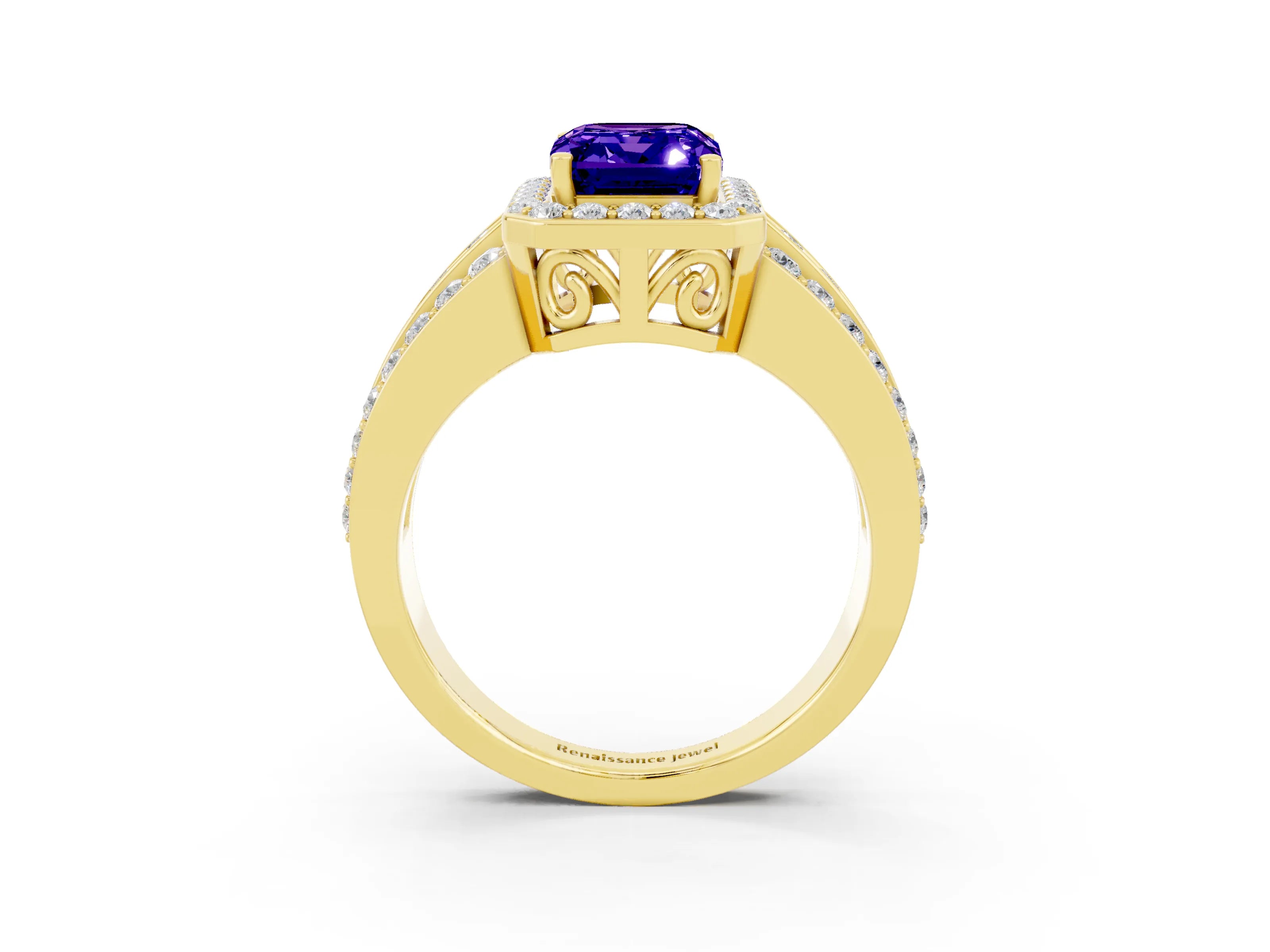 Yellow gold Emerald Cut Halo Tanzanite Ring with Split Shank and Four-Prong Setting_3