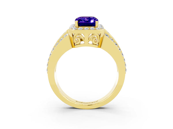 Yellow gold Emerald Cut Halo Tanzanite Ring with Round  Split Shank and Prong Setting