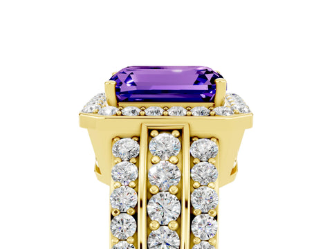Yellow gold Emerald Cut Halo Tanzanite Ring with Split Shank and Four-Prong Setting_5