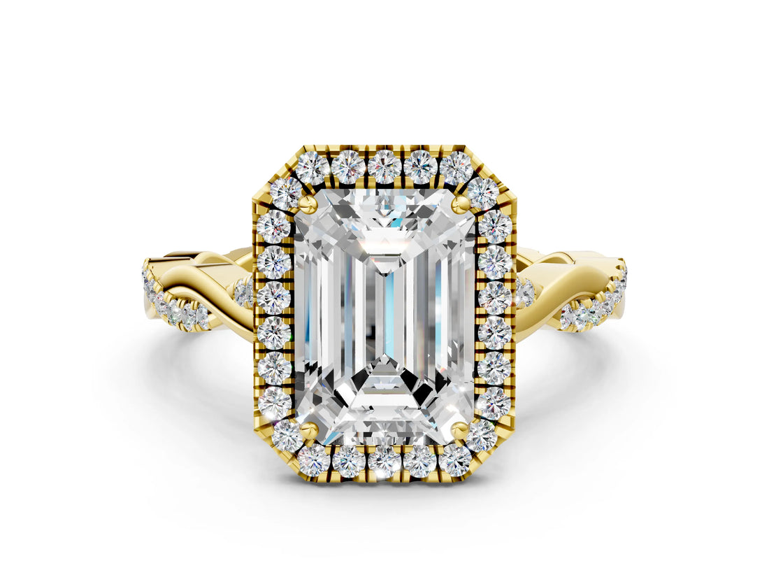 Yellow gold Emerald Cut Halo Twist Band with Four-Prong Setting_3