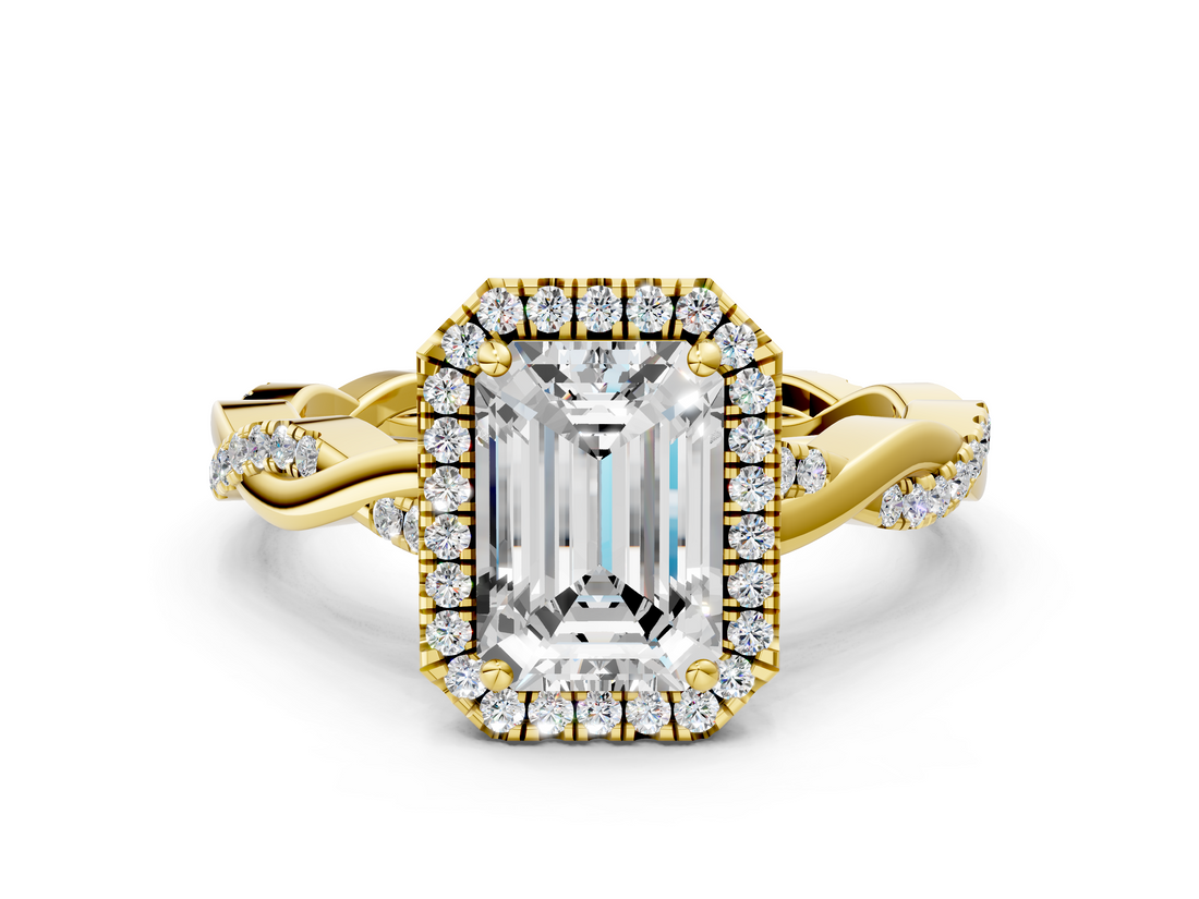 Yellow gold Emerald Cut Halo Twisted Band Four-Prong Ring_33