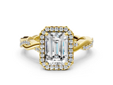 Yellow gold Emerald Cut Halo Twisted Band Four-Prong Ring_33