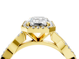 Yellow gold Emerald Cut Halo Twisted Band Four-Prong Ring_37