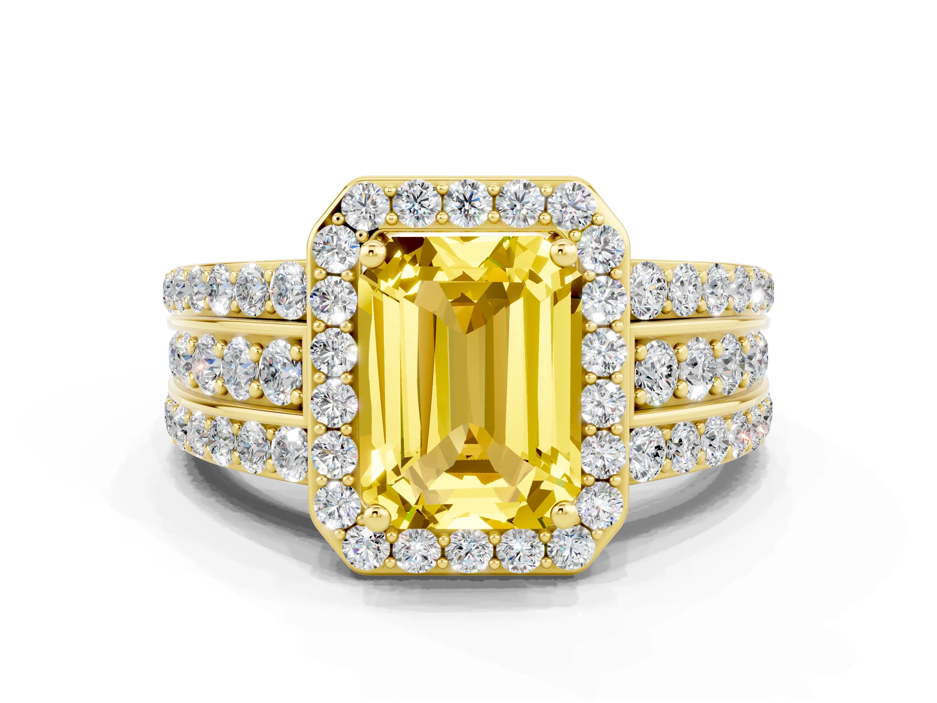 Yellow gold Emerald Cut Halo Yellow Sapphire Ring with Split Shank and Four-Prong Setting_24