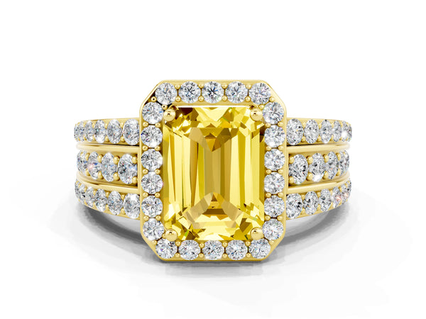 Yellow gold Emerald Cut Halo Yellow Sapphire Ring with Round  Split Shank and Prong Setting