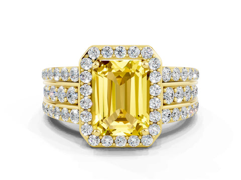 Yellow gold Emerald Cut Halo Yellow Sapphire Ring with Split Shank and Four-Prong Setting_24