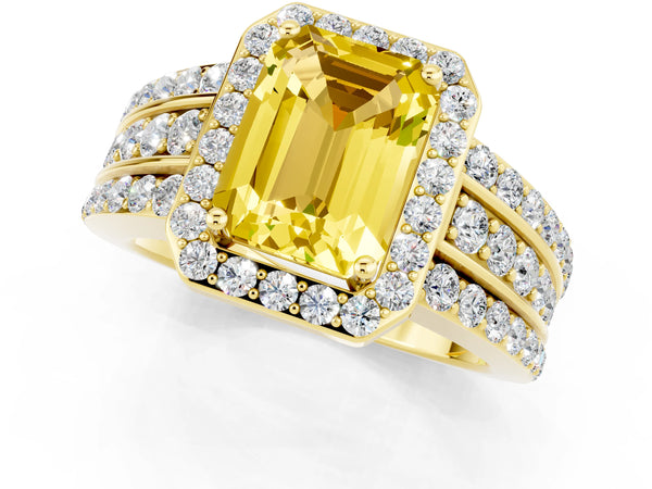 Yellow gold Emerald Cut Halo Yellow Sapphire Ring with Round  Split Shank and Prong Setting