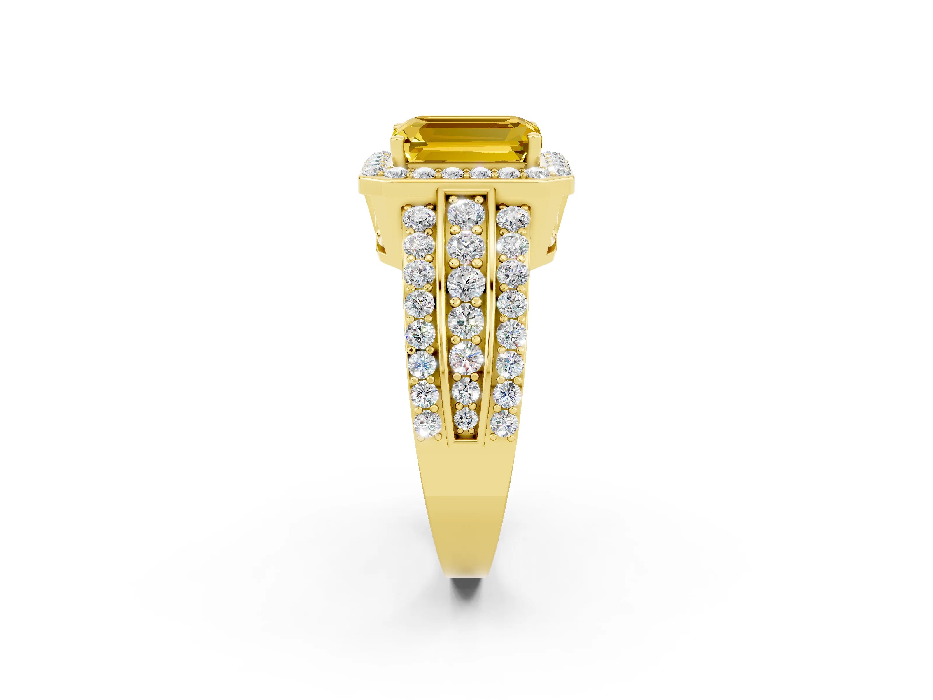 Yellow gold Emerald Cut Halo Yellow Sapphire Ring with Split Shank and Four-Prong Setting_26