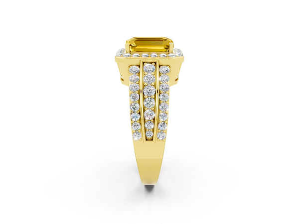 Yellow gold Emerald Cut Halo Yellow Sapphire Ring with Round  Split Shank and Prong Setting