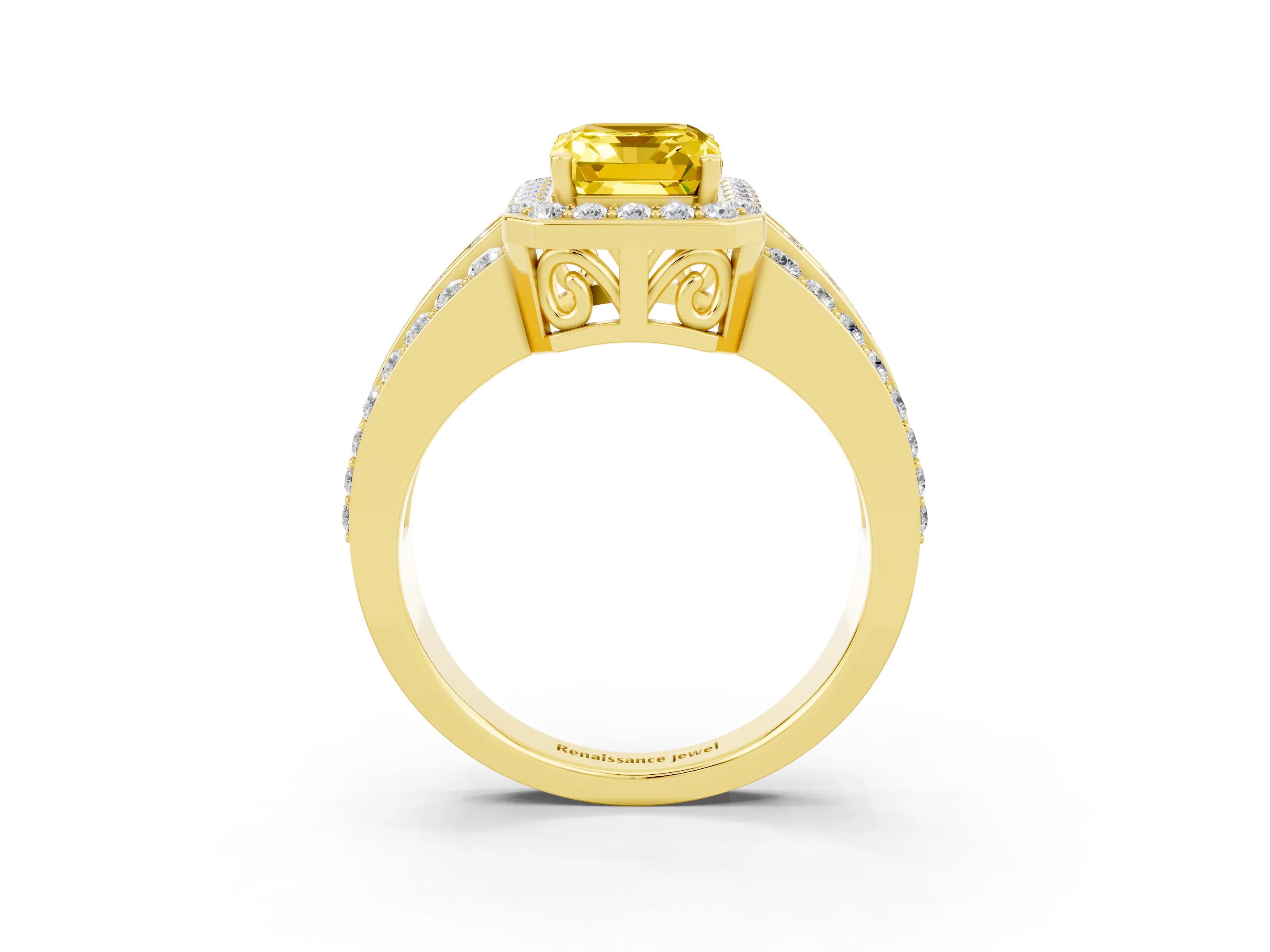 Yellow gold Emerald Cut Halo Yellow Sapphire Ring with Split Shank and Four-Prong Setting_27