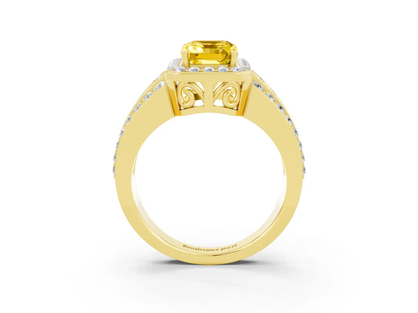 Yellow gold Emerald Cut Halo Yellow Sapphire Ring with Round  Split Shank and Prong Setting
