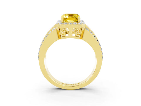 Yellow gold Emerald Cut Halo Yellow Sapphire Ring with Split Shank and Four-Prong Setting_27