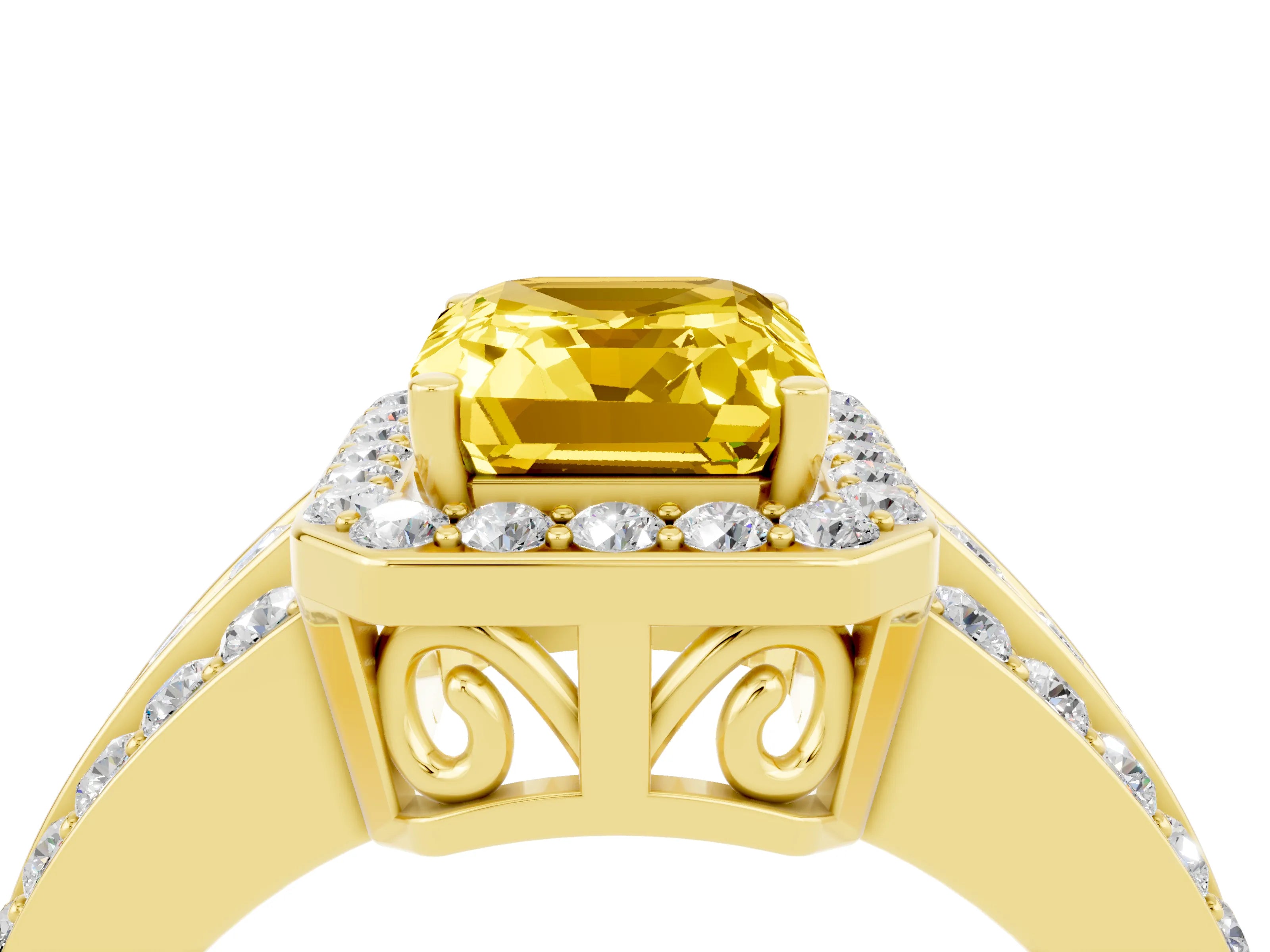Yellow gold Emerald Cut Halo Yellow Sapphire Ring with Split Shank and Four-Prong Setting_28
