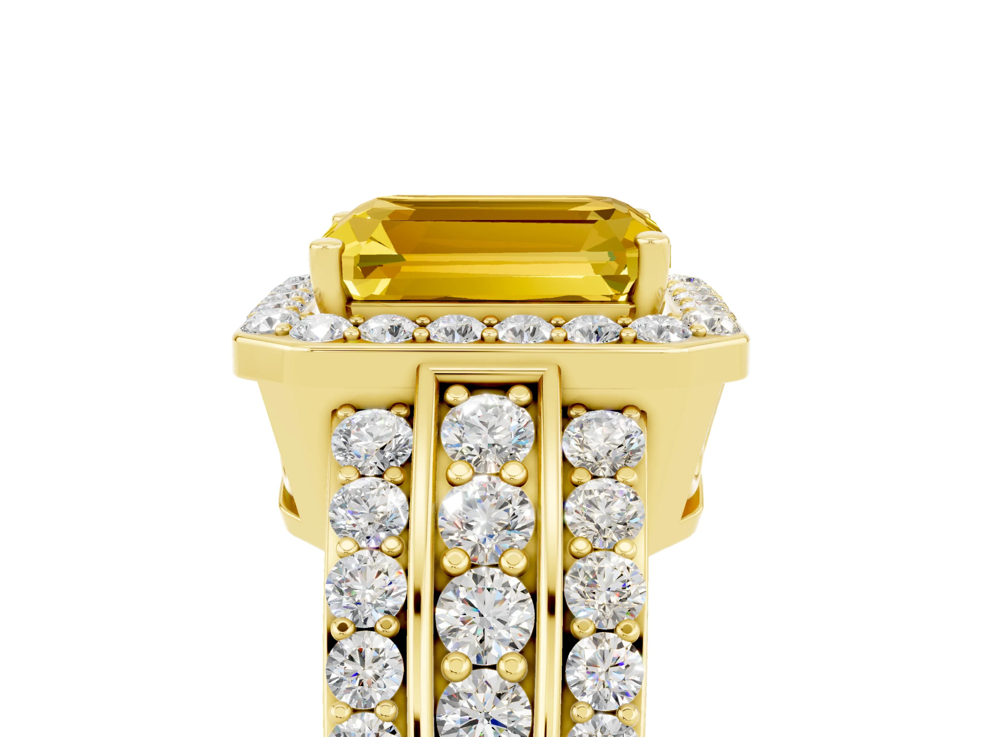 Yellow gold Emerald Cut Halo Yellow Sapphire Ring with Split Shank and Four-Prong Setting_29