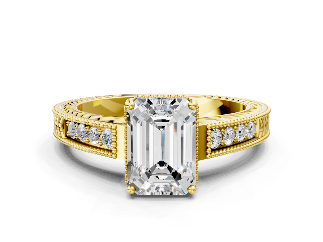 Yellow gold Emerald Cut Milgrain Channel Set Engagement Ring with Solitaire Prong Setting_102