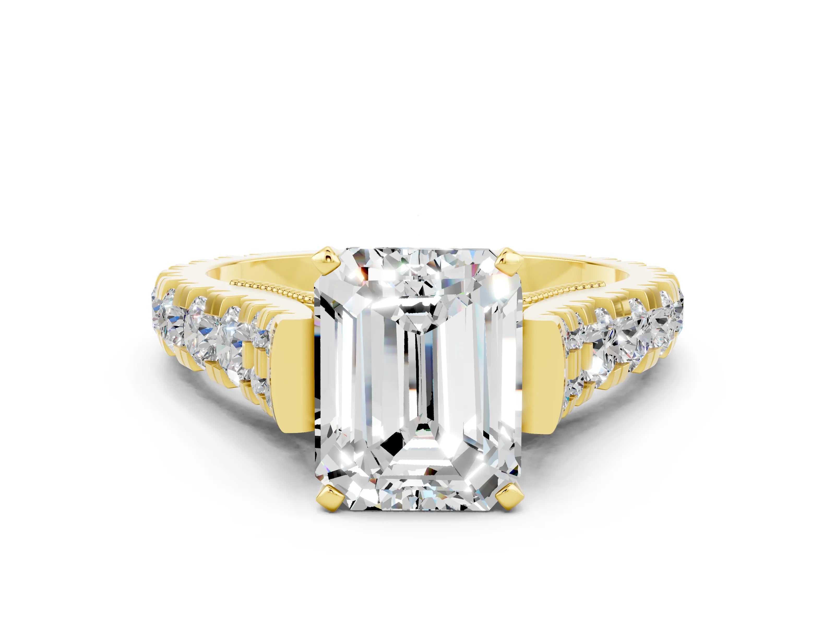 Yellow gold Emerald Cut Moissanite Classic Solitaire Ring with Pavé Band and Four-Prong Setting