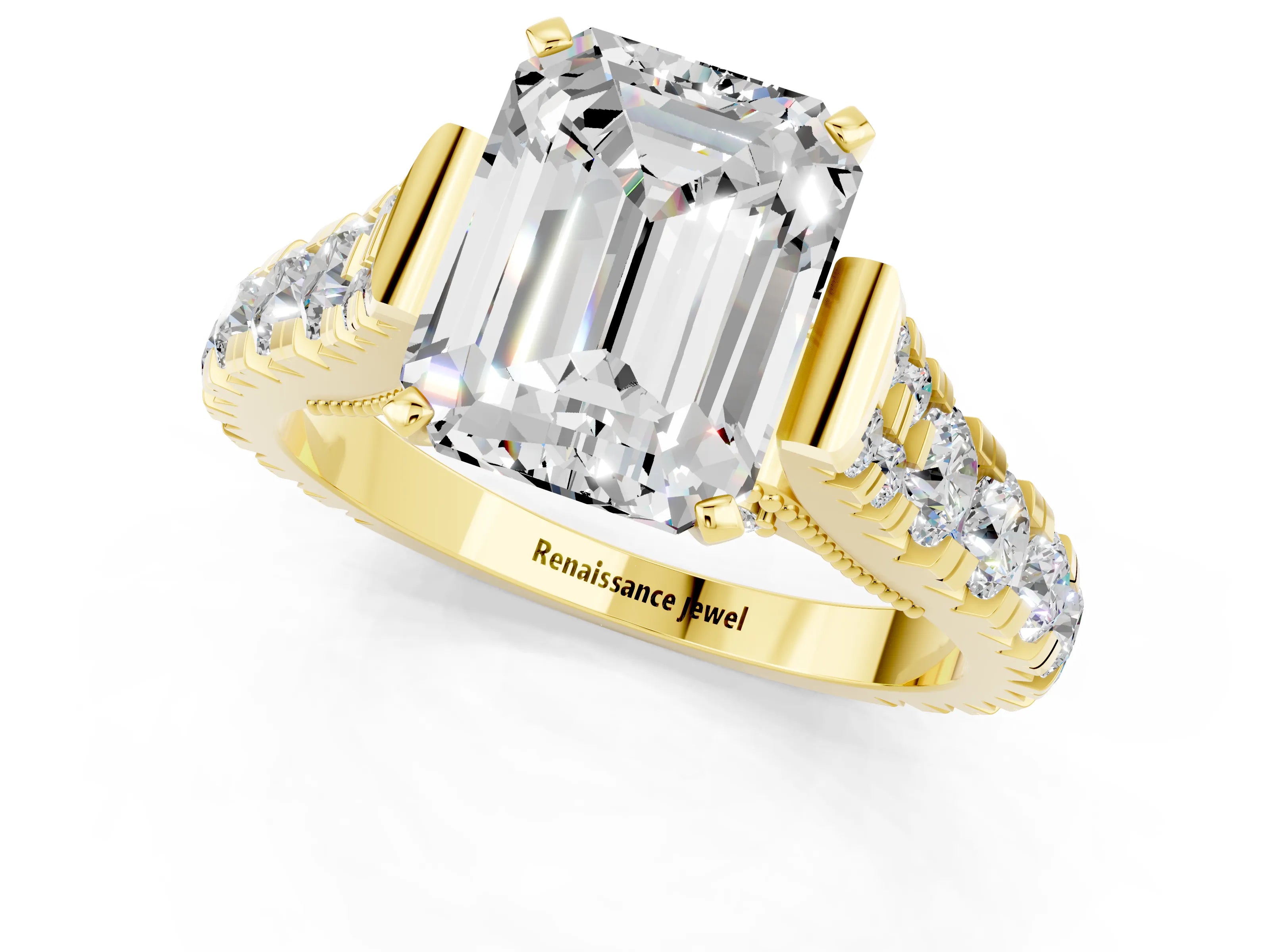 Yellow gold Emerald Cut Moissanite Classic Solitaire Ring with Pavé Band and Four-Prong Setting_1