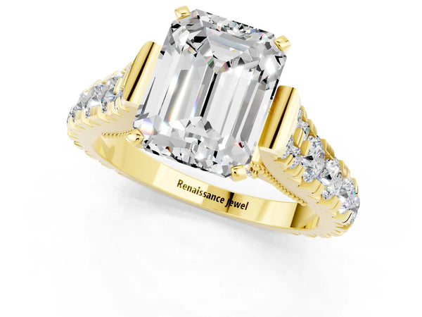 Yellow gold Emerald Cut Moissanite Classic Solitaire Ring with Pavé Band and Four-Prong Setting