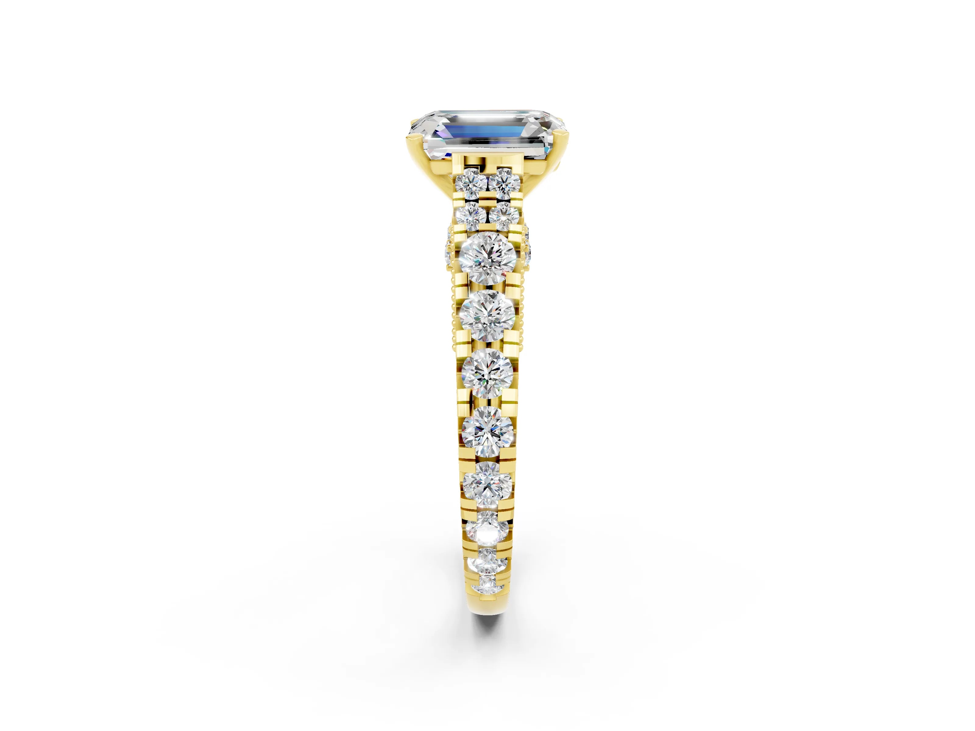 Yellow gold Emerald Cut Moissanite Classic Solitaire Ring with Pavé Band and Four-Prong Setting_2