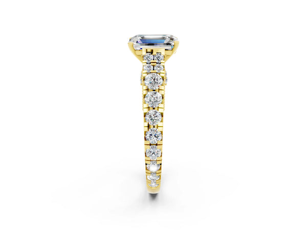Yellow gold Emerald Cut Moissanite Classic Solitaire Ring with Pavé Band and Four-Prong Setting
